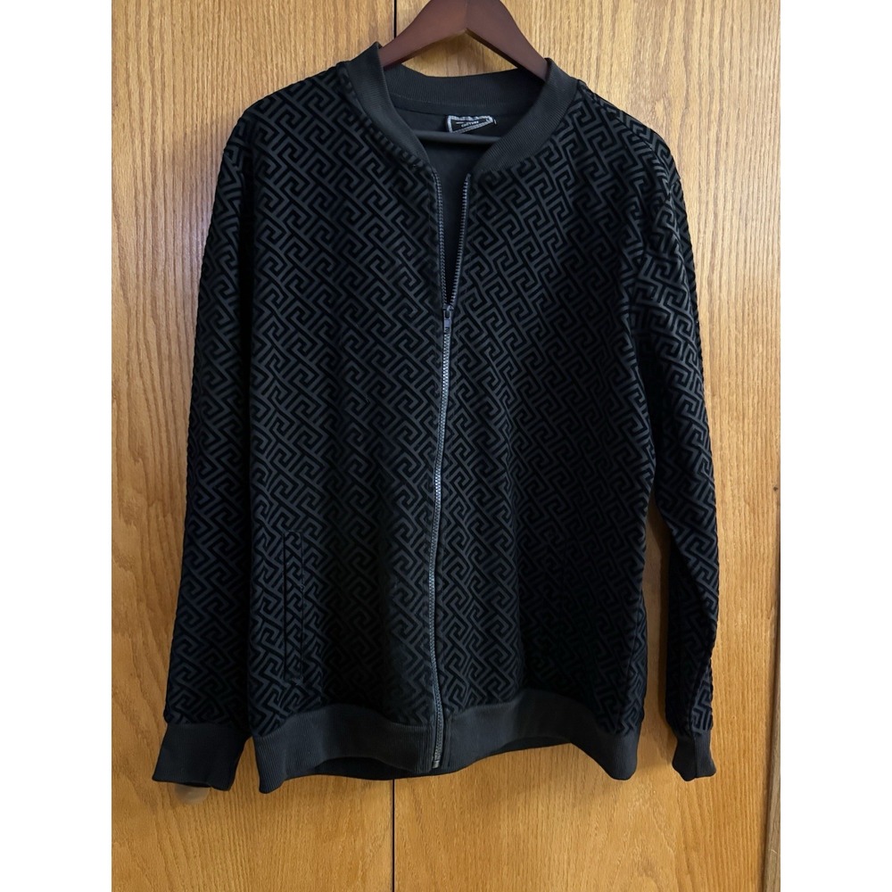 Casa Moda Couture Black Knit Velour Bomber Track Jacket Mens L Large Geometric
